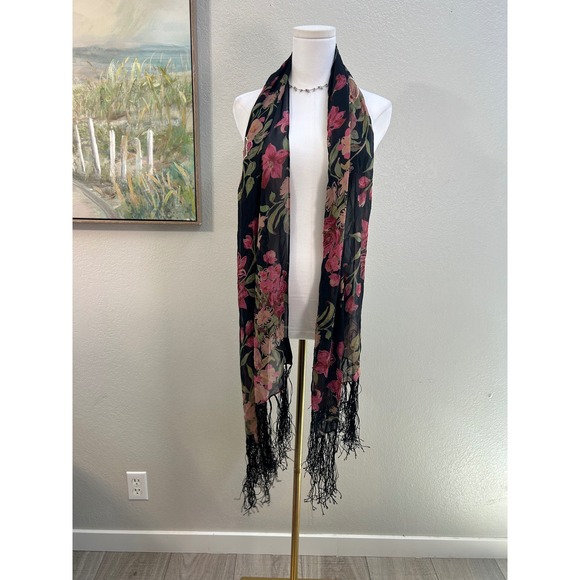 Sue Wong Accessories - Sue Wong Nocturne 100% Silk Floral Beaded Fringe‎ Scarf Black Pink Wrap Shawl
